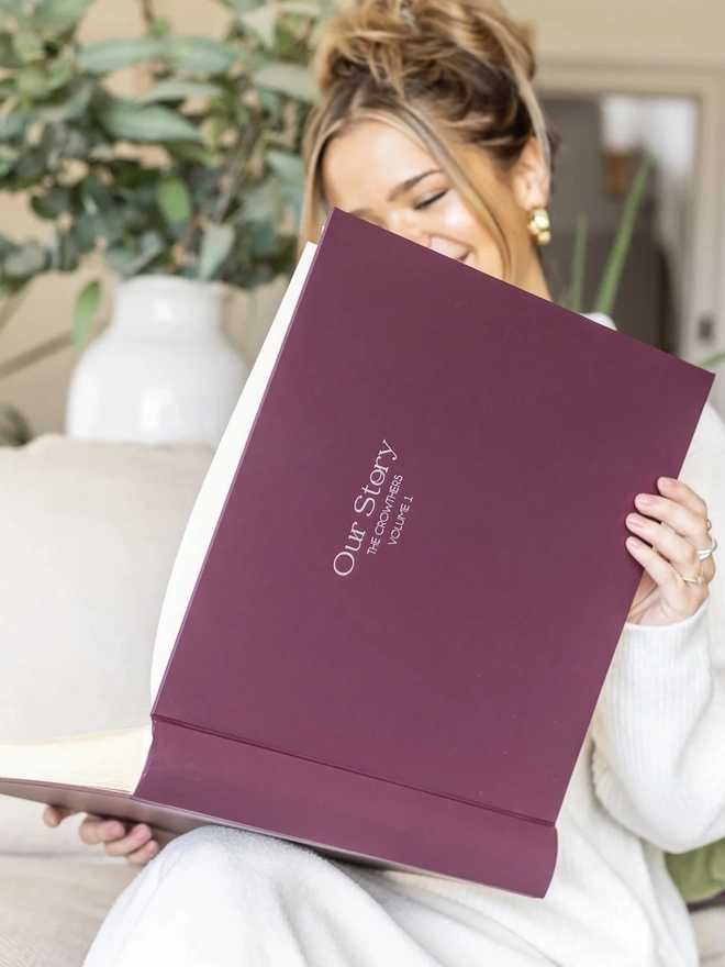 Luxurious Large Photo Album, being opened by a woman on a sofa. 