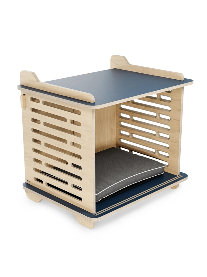 wooden blue top dog crate interior with cushion