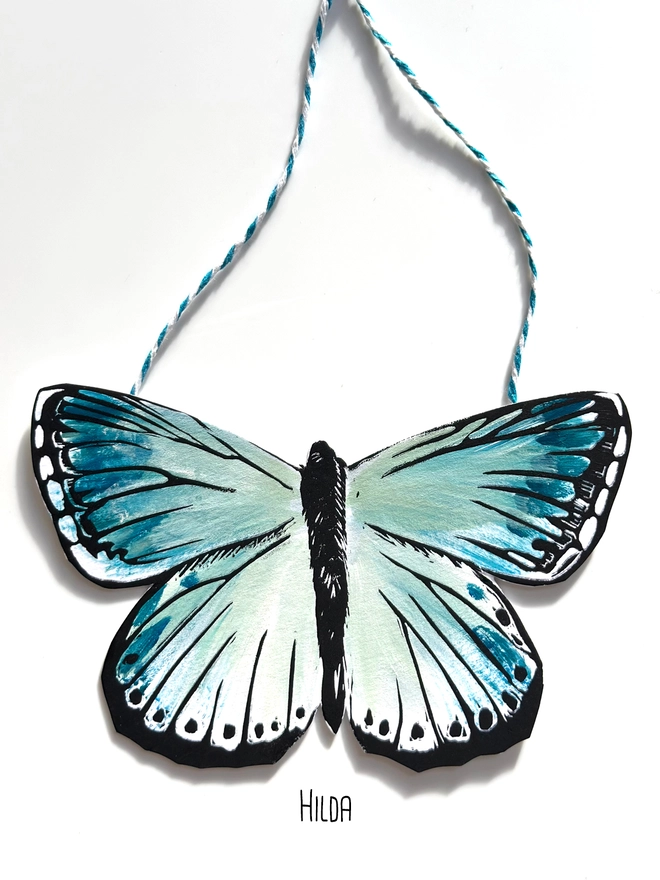 Hand Painted Butterfly Colourful Linocut Hanging Decoration In teal blue green and black