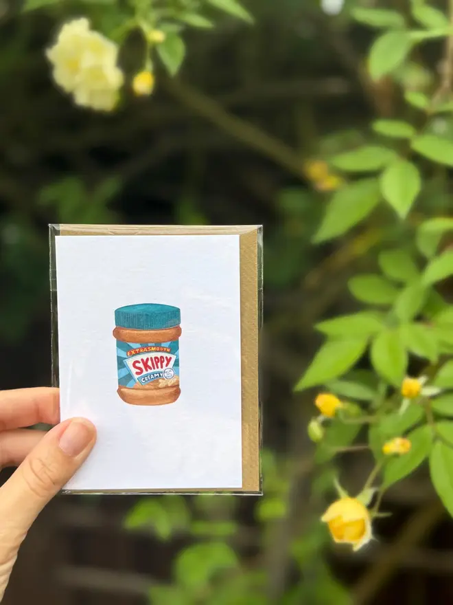 diet coke peanut butter and ice cream mini cards (pack of 3). peanut butter card photographed with rosebush in the background.