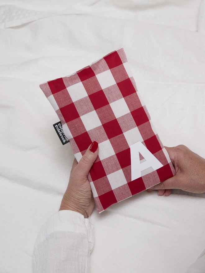 PERSONALISED GINGHAM CUTE HOT WATER BOTTLE - RED INITIAL