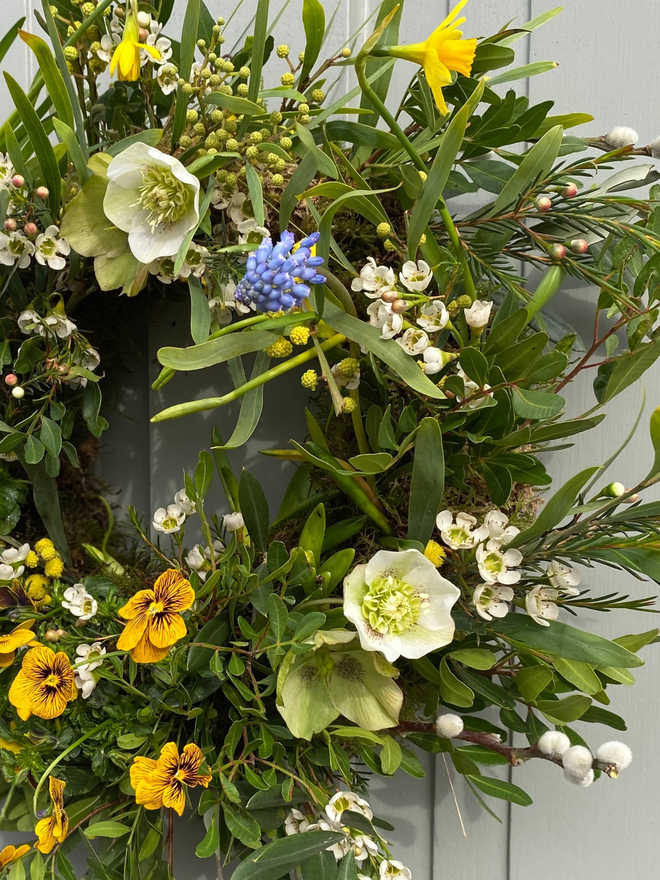 Fresh Spring Wreath with Bulbs Mimosa Viola Flowers