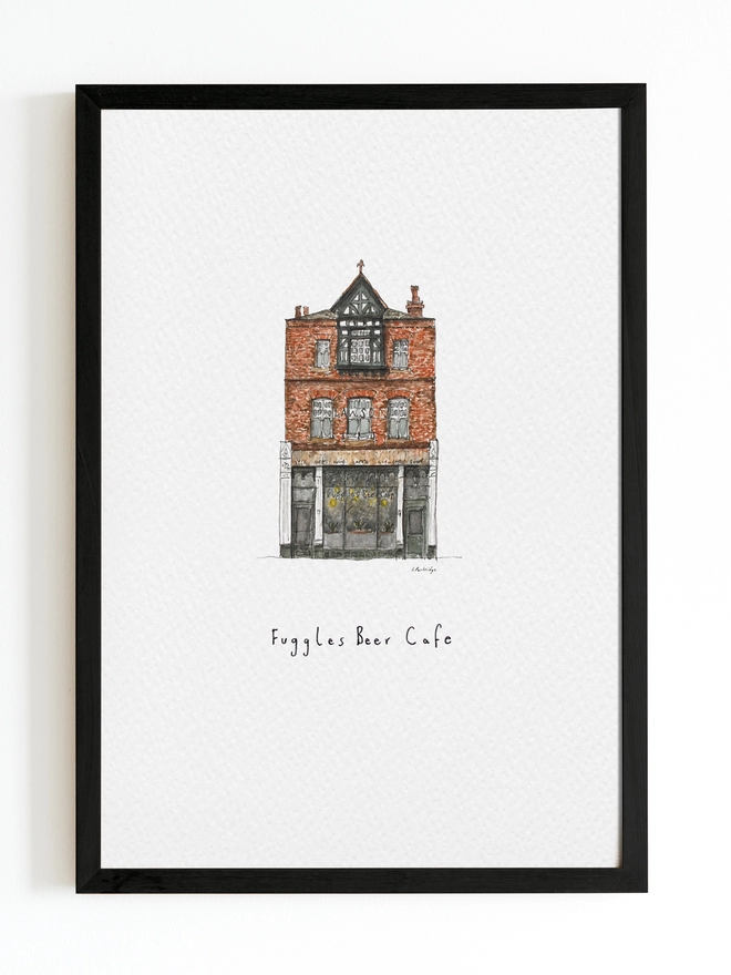 Beautiful watercolour illustration of Fuggles in Tonbridge.  A brick building with a dark framed shopfront that has a large window and wooden fascia sign above with ‘Fuggles Beef Cafe’ written in black lettering. The watercolour style is painted with a black pen outline and organic loose style with small details.  The print is on white background with black frame around.
