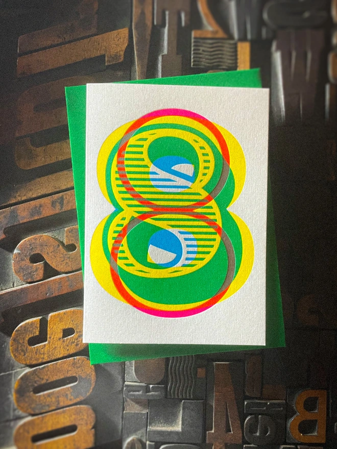 Handmade letterpress 8th birthday card featuring bold overlapping numerals printed in vibrant fluorescent cyan, magenta and yellow inks. Each card is individually hand printed using traditional letterpress techniques on luxury paper stock, creating a beautifully tactile finish with a deep impression and rich layered colours inspired by the CMYK printing process. Printed on a traditional letterpress from 1915. A wonderful artisan printed birthday card.