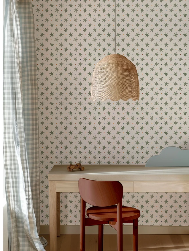 Ducks In A Row Stars and Spots Wallpaper Puddle Green colour way in Boys room with scant desk
