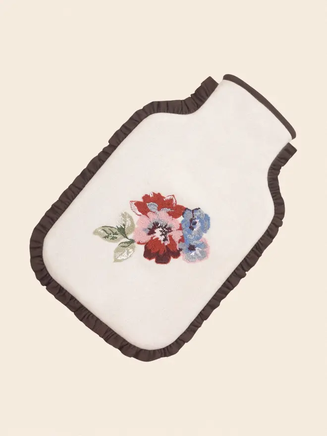 Rosa Chainstitch wool hot water bottle with brown linen frill