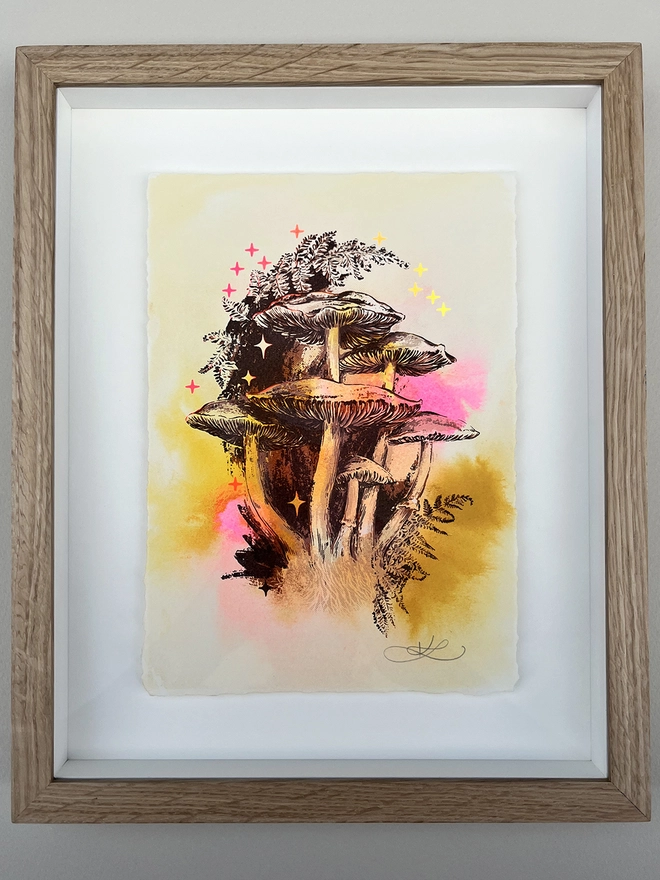 Kath Leone mushroom screenprinted limited edition art in oak frame with art glass