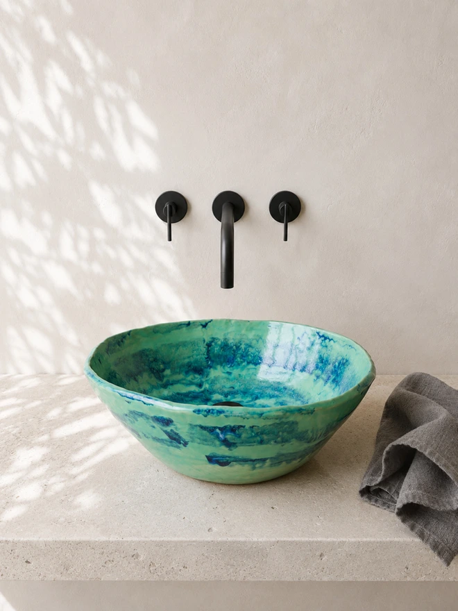 electric lagoon, handcrafted bathroom basin, green and blue, Jenny Hopps Pottery