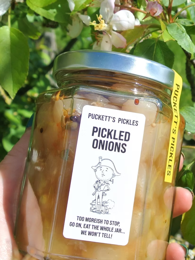british pickled onions. a jar of pickled onions photographed in a sunny garden.