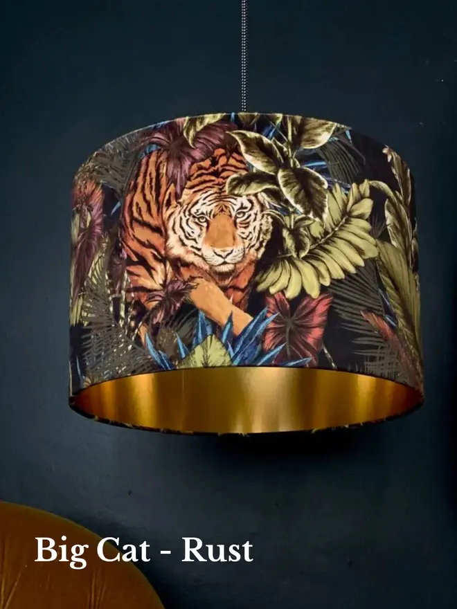 Big Cat Tiger velvet lampshade with tiger and jungle foliage