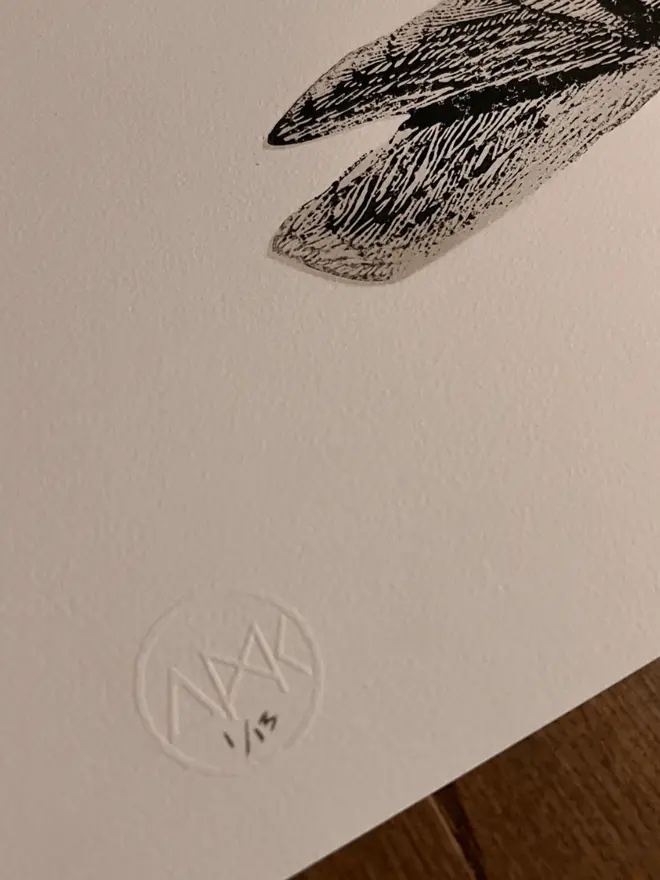 Punk pigeon lino print, with symbols, coloured with blue and pink paint with on a white background. 