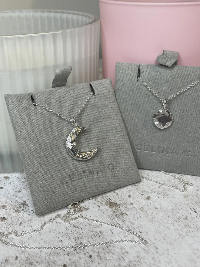 Hand made sun and moon friendship necklaces made from 100% recycled sterling silver, cute gift for girlfriend or wife for Valentine's Day, Galentine's Day or Mother's Day. Send straight to your special someone. Made by Celina C Jewellery, a small business in the UK, find on Holly and Co.