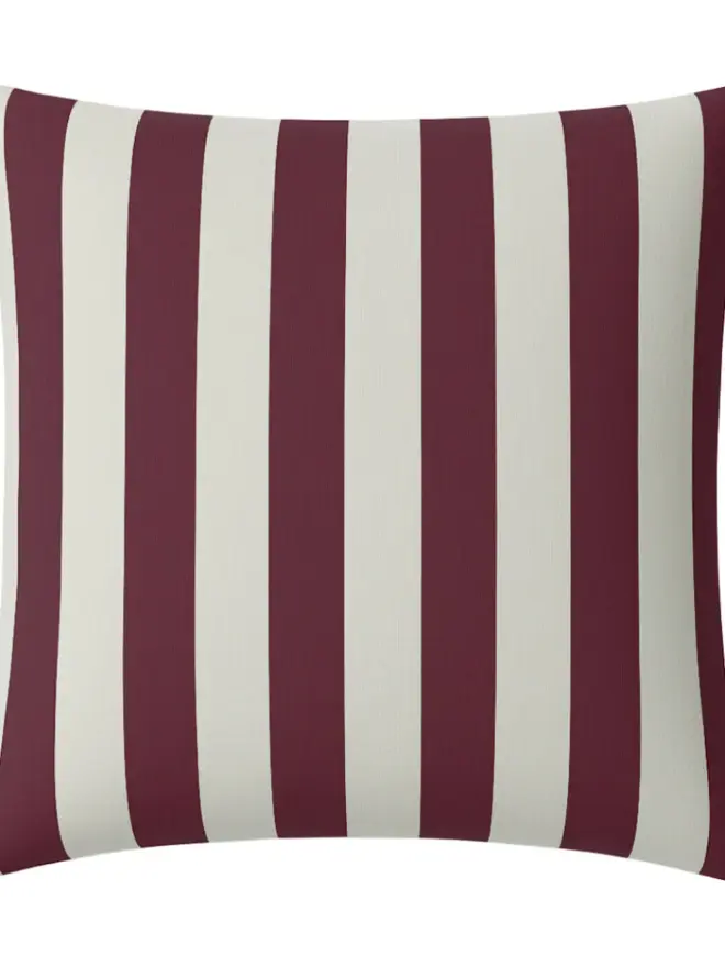 Hand Painted Sustainable Linen Cushion In Stripe Print, a burgundy striped cushion against a white background. 