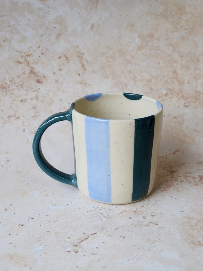 Bonbon Mug — handmade ceramic striped mug in blue and cream