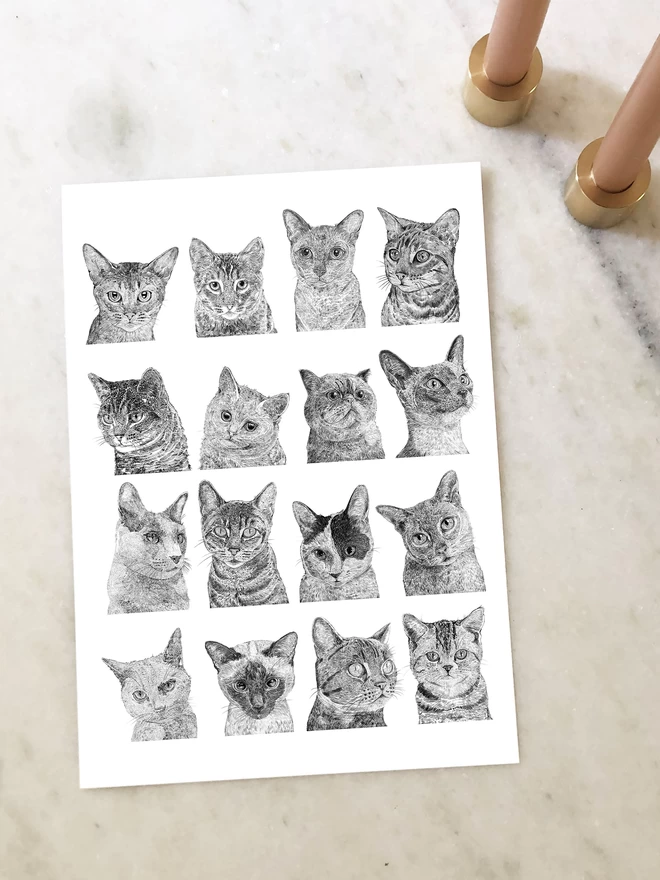 Art print of a collection of hand drawn cat portraits laying on a table