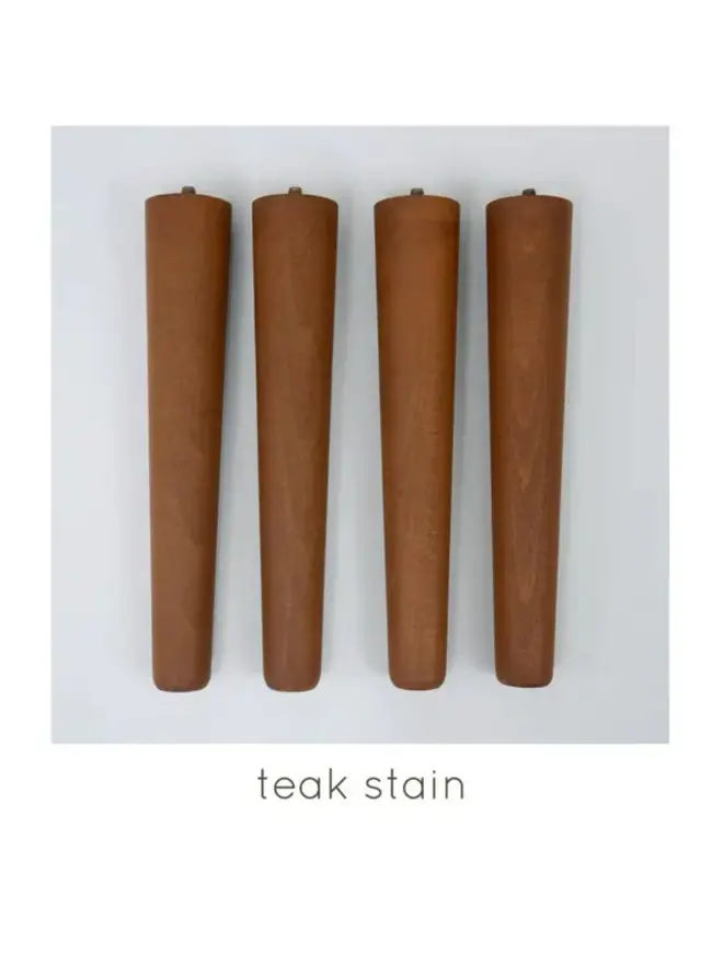 Four tapered beech wooden furniture legs with a teak stain  arranged vertically.