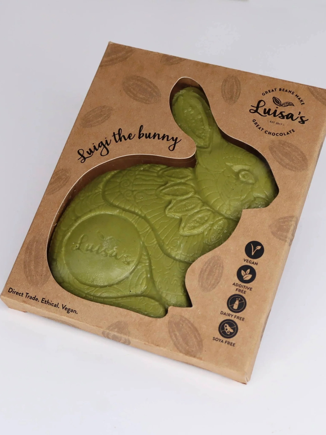 Vegan Matcha Chocolate Luigi Bunny – Limited Edition in closed packaging