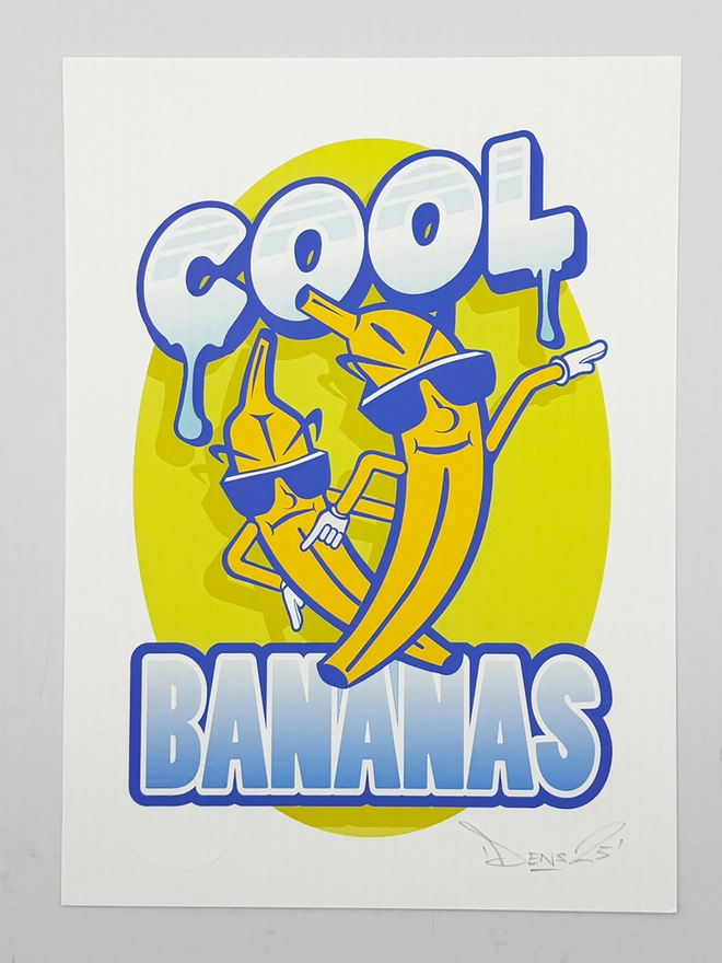 'Cool Bananas' Signed embossed fine art print, against a grey background. 