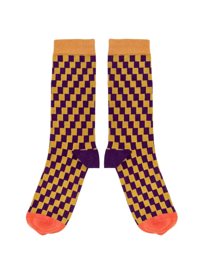 Men's Check Organic Cotten Ankle Socks, a pair of colourful patterned socks sitting on a plain white surface. 