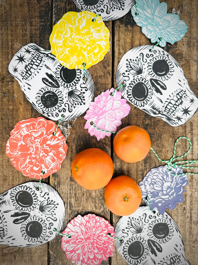 Skull 'Day Of The Dead' Hand Printed Linocut Garland 