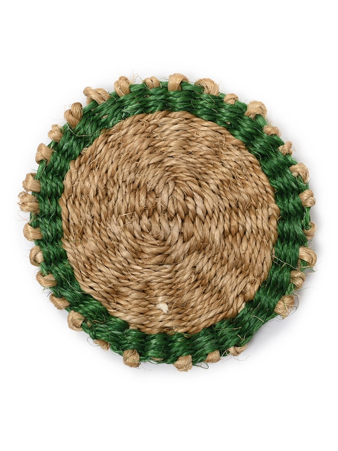 green and brown woven sisal coaster