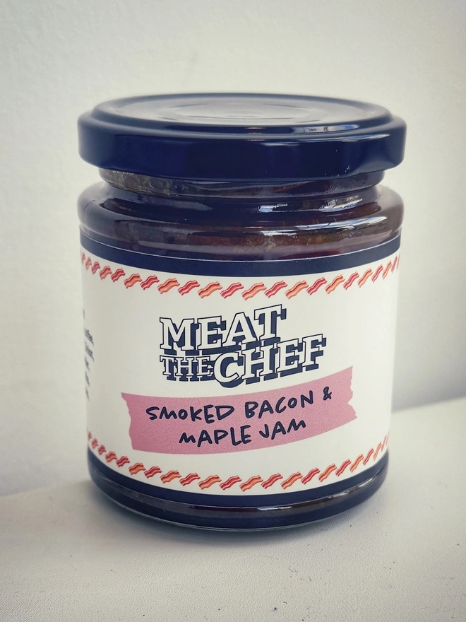 Smoked Bacon & Maple Jam (Set Of 1, 2 Or 3), a jar of jam sitting on a white plain surface. 