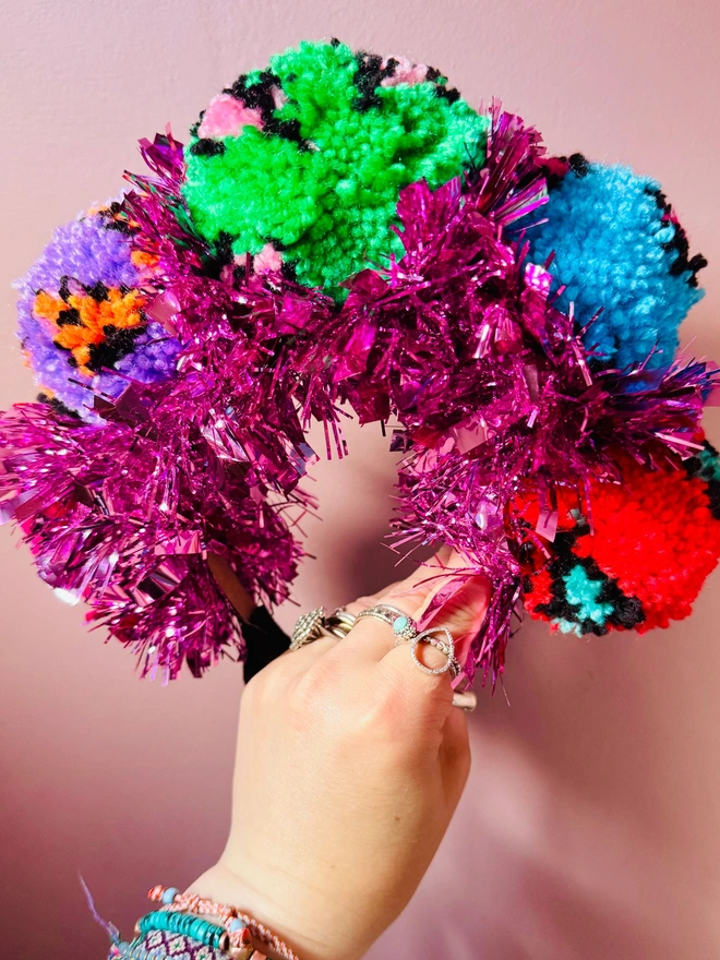 Leopard print Pom Pom festival headband festival Pom Pom tinsel headband bright headband rainbow headband pink tinsel 