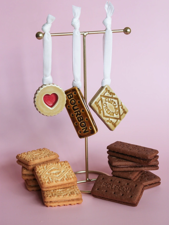 Ceramic biscuit Christmas tree decorations, set of 3