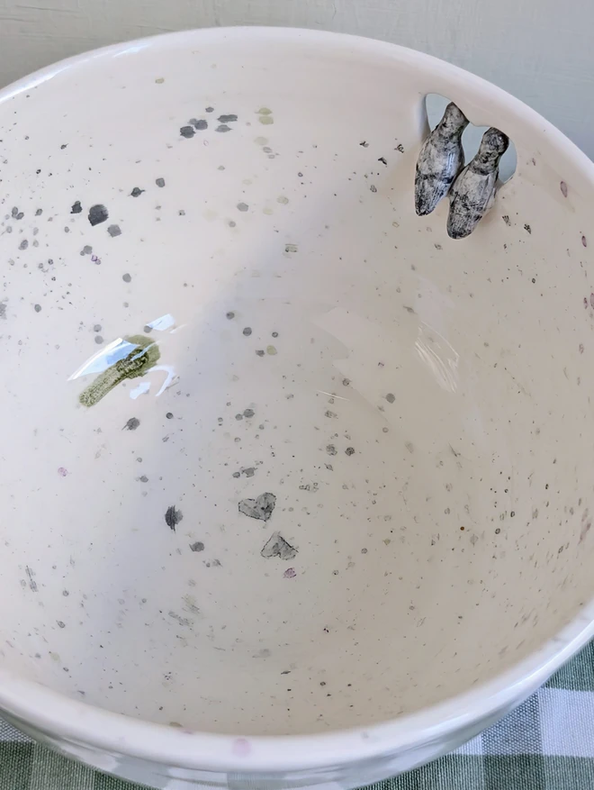 grey splattered bowl with a pigeon bird couple perched in a heart with bird prints and grey hearts