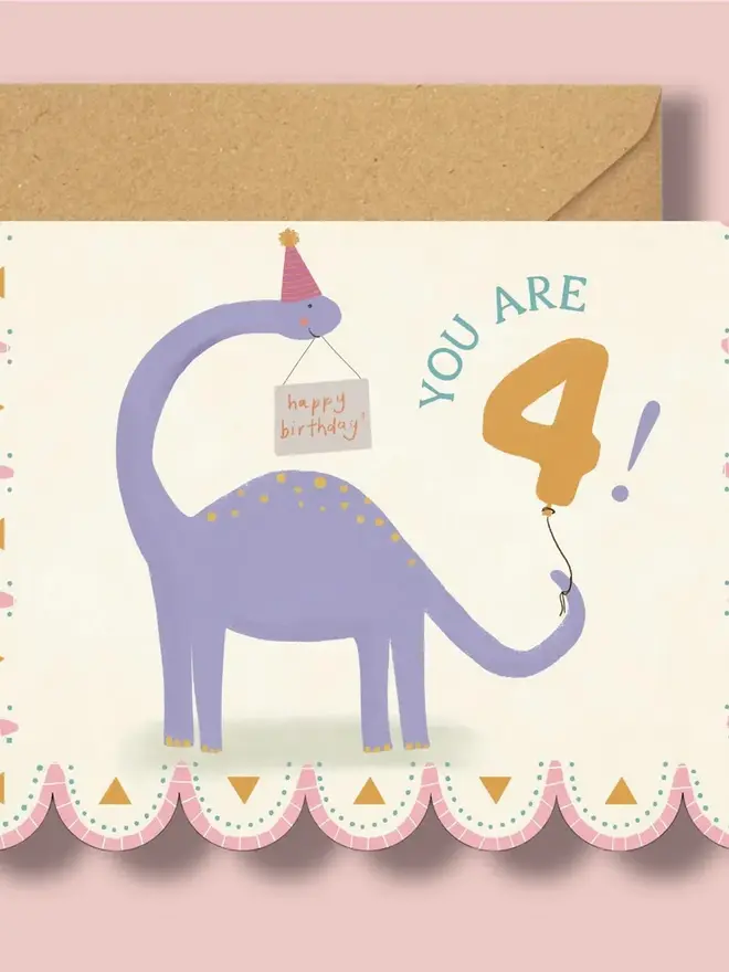 illustrated dinosaur 4th birthday card. scallop edged card with illustrated purple dinosaur.