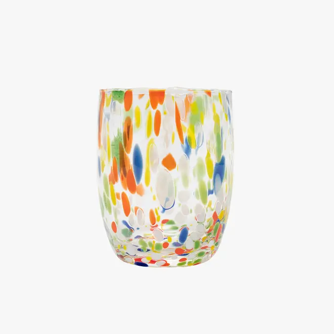 round tumbler glass with rainbow splotches