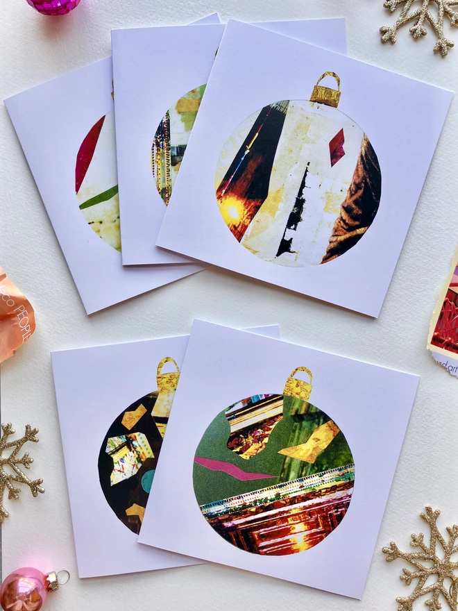 Set of 5 paper collage bauble christmas cards
