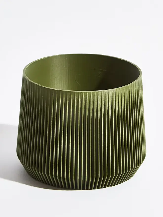Sustainable 3D Printed Forest Green Plant Pot, pillar design, against a white background.