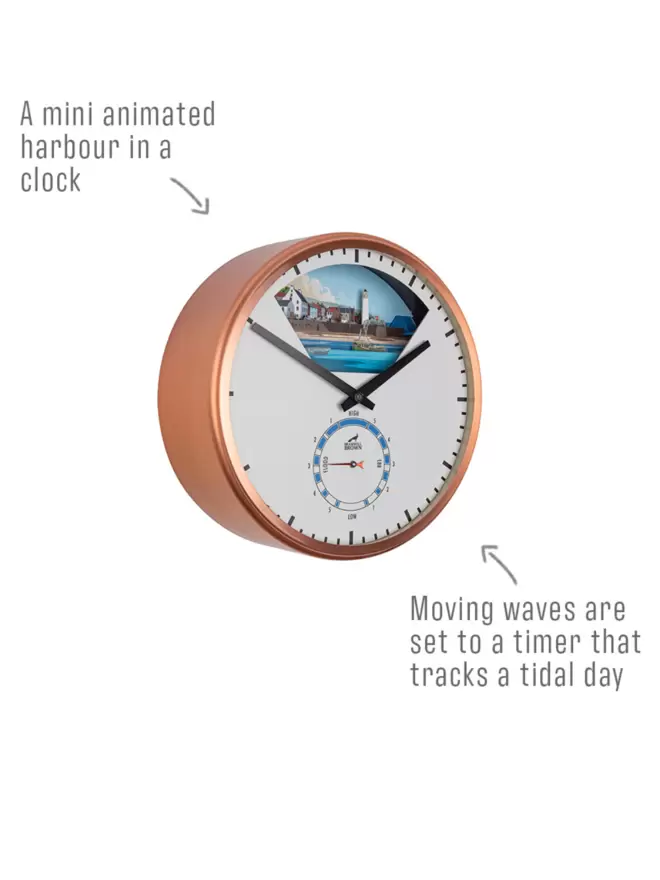 Bramwell Brown Tide Clock infographic describing the mini animated harbour inside the clock with moving waves that are set to a timer that tracks the tidal day