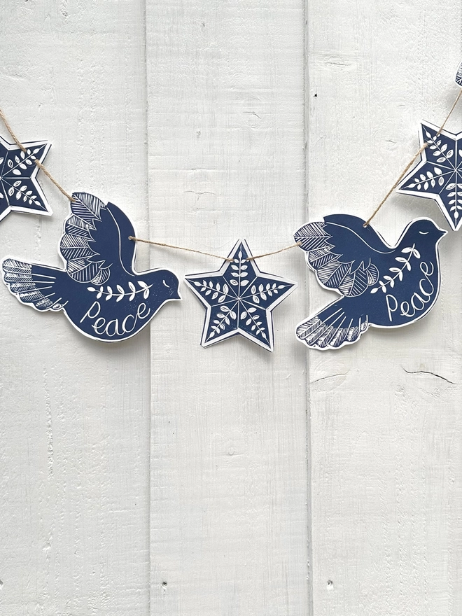 Dove Of Peace Hand Printed Linocut Scandi Style Garland With Folk Art Stars