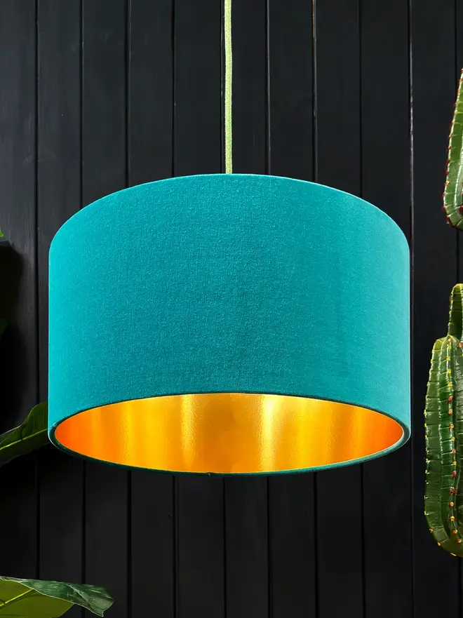 Jade Green Velvet Lampshade With Gold Foil Lining.