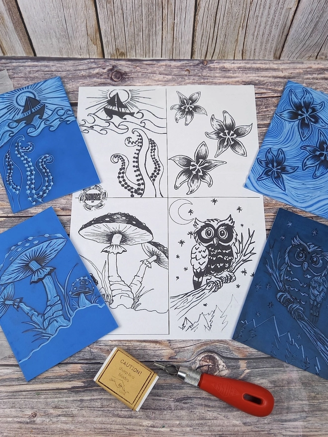 Essentials Lino Printing Craft Kit, illustrations unpacked on table. 