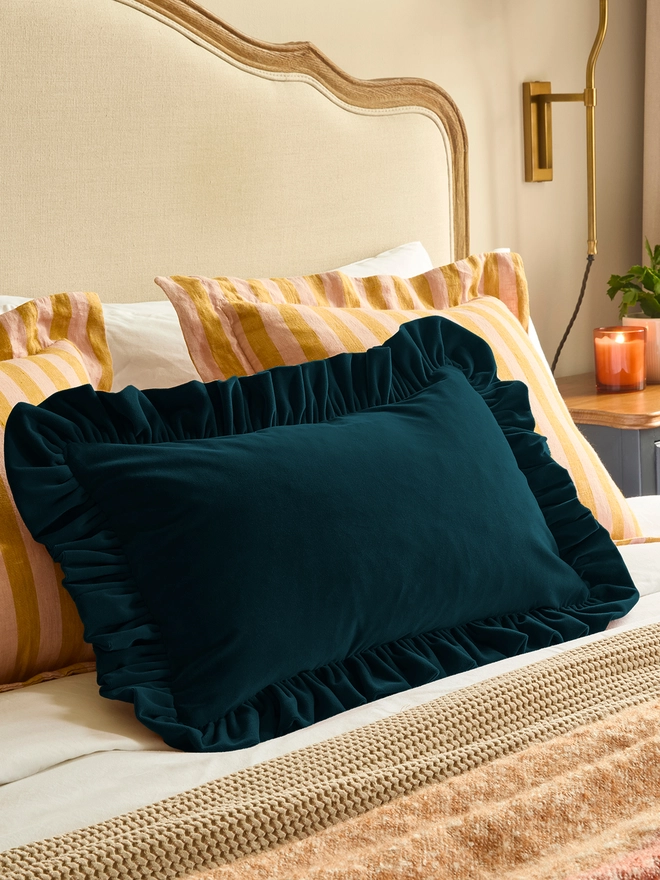 Handmade ruffled velvet lumbar cushion 50x35cm with feather pad, teal, Kika Bespoke
