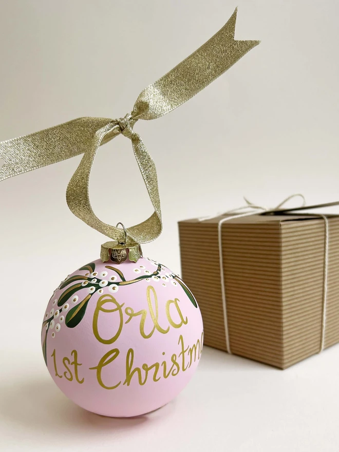 Baby Pink personalised bauble with kraft giftbox