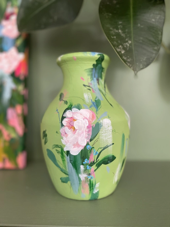 Hand painted green dried flower vase pink peonies 