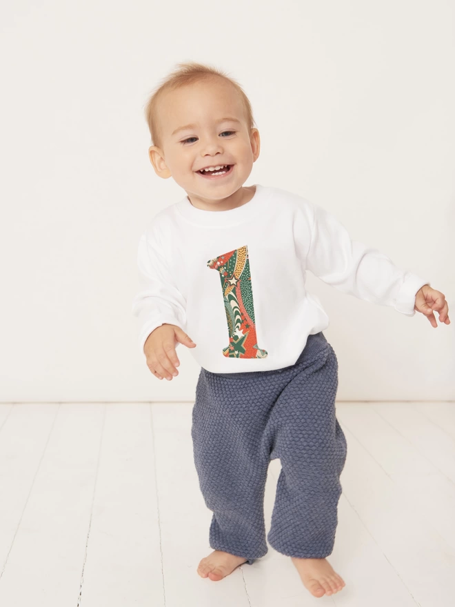 one year old boy in white long sleeve t-shirt with a number one sewn on in My Little Star Liberty print 