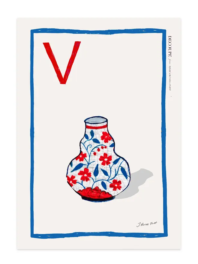 signed a-z alphabet prints. vase print with the letter 'v' in the corner.