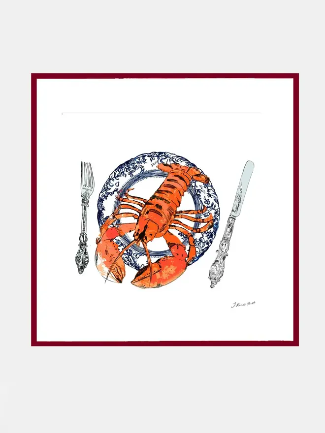 lobster plate signed print. a print of a painting of a lobster on a plate.