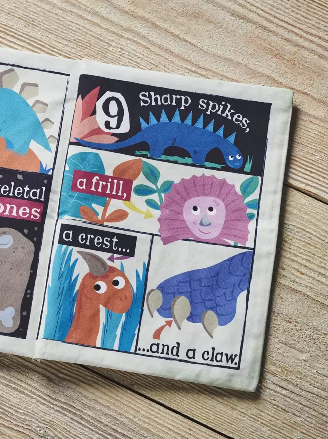 Dinosaur Counting 1-10 crinkly cloth book open at page 4