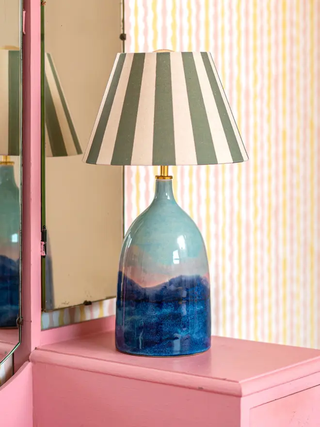 Bottle lamp with shades of blues and pinks