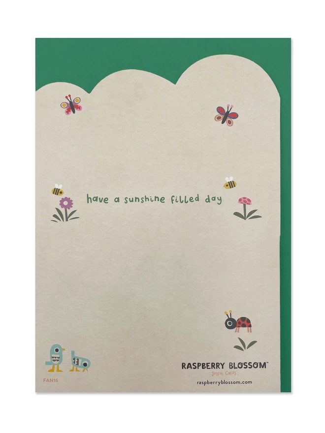 The reverse of the card has a ‘Have a sunshine filled day’ caption with a large space for your own joyful birthday message