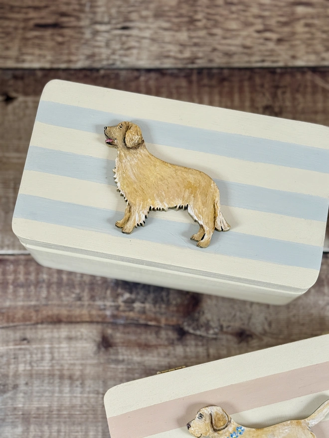 Blue and White striped wooden hinged memory keepsake box with a hand- painted golden retriever on the lid