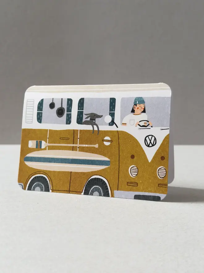 yellow vw campervan greetings card