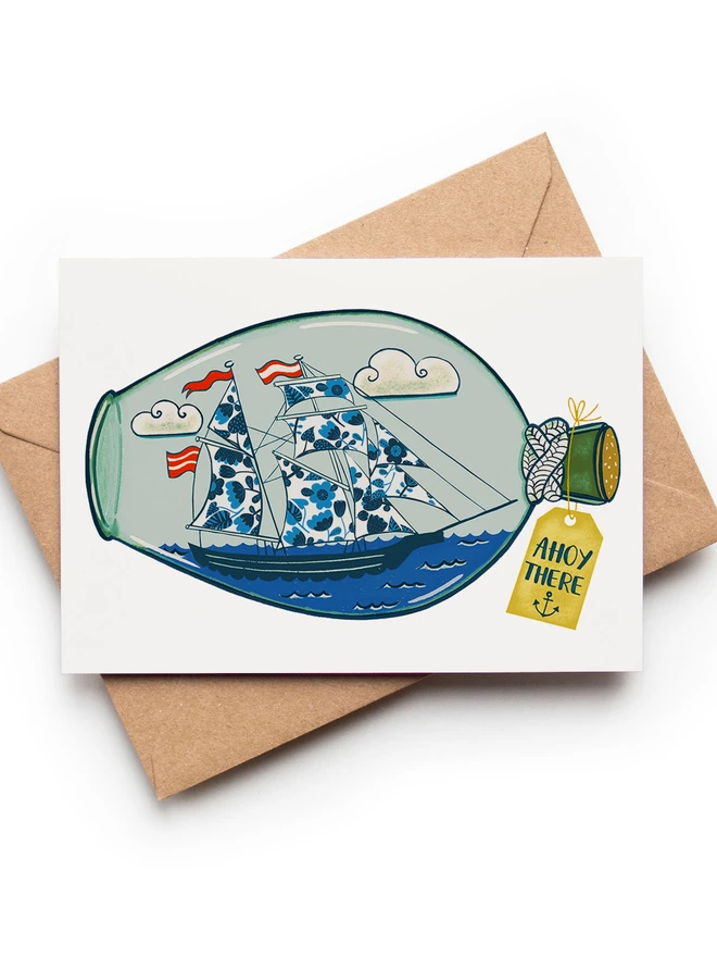 Ahoy There! Ship in a Bottle Greetings Card
