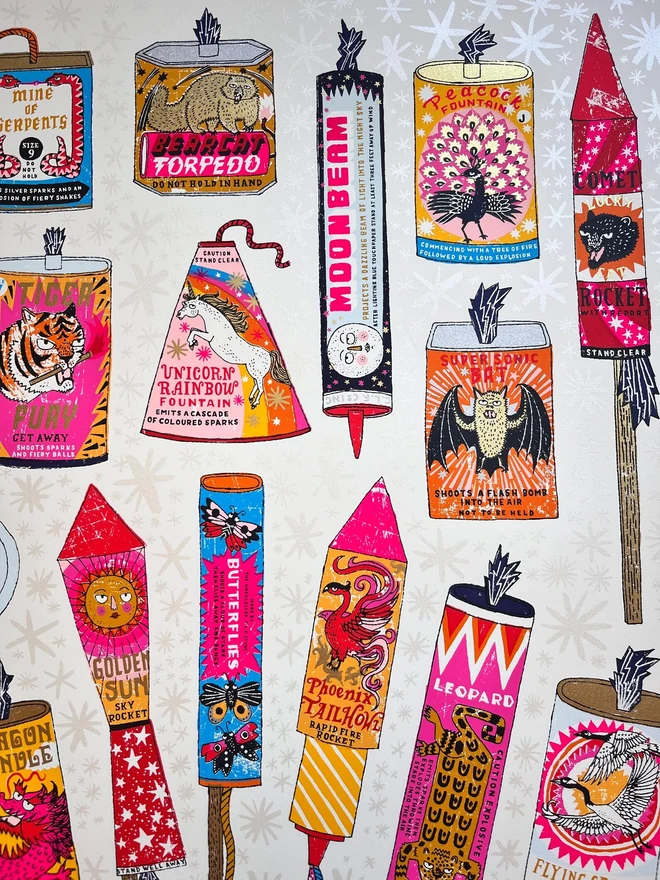 Fireworks Screenprint Snap, Crackle, Pop, a collection of colourful fireworks on a white screenprint. 